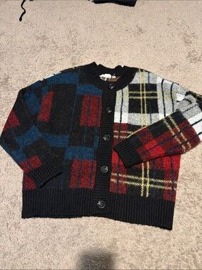 Men's Patchwork Plaid Button-Up Sweater Cardigan - Black/Red/Blue